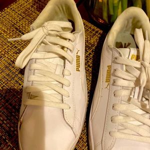 White leather Puma sneakers with soft foam in soles gently worn